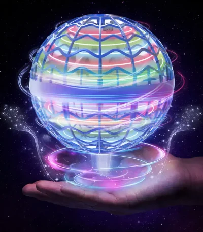 Sphère holographique scientifique flottante avec effets lumineux colorés, représentant la technologie et la science futuriste, en lévitation dans un espace étoilé.