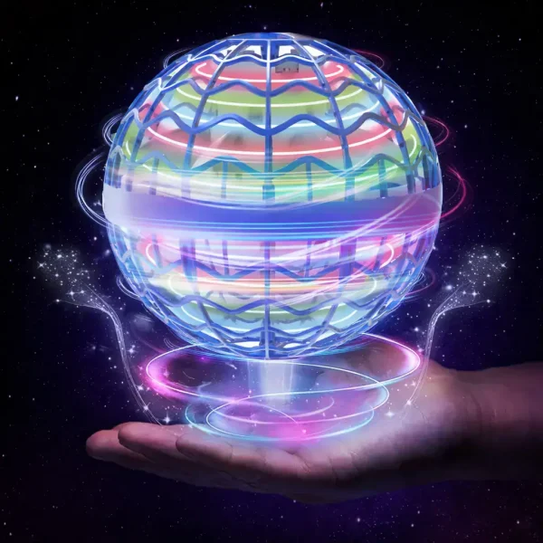 Sphère holographique scientifique flottante avec effets lumineux colorés, représentant la technologie et la science futuriste, en lévitation dans un espace étoilé.