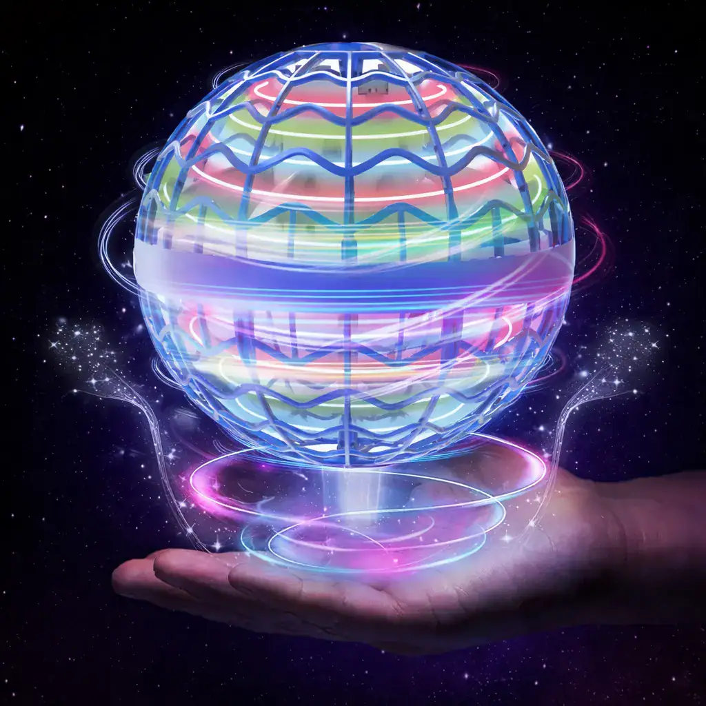 drone-boule-volante-1 Sphère holographique scientifique flottante avec effets lumineux colorés, représentant la technologie et la science futuriste, en lévitation dans un espace étoilé.