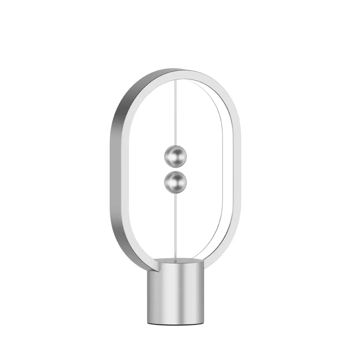 lampe-heng-balance-mini-argent-1 Modèle de porte à effet vortex de Newton en métal, illustrant la célèbre expérience de physique avec deux sphères suspendues.