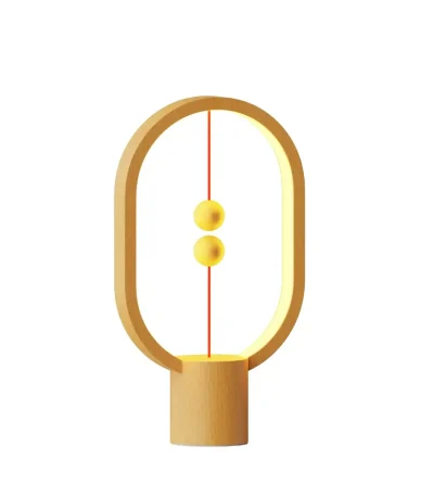 Lampe de design moderne inspirée de la physique, avec deux sphères jaunes suspendues dans un cadre en bois, idéale pour la décoration scientifique.