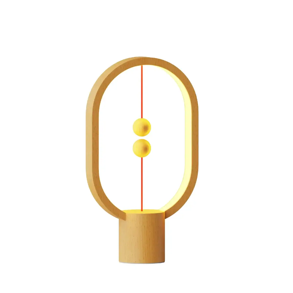 lampe-heng-balance-mini-bois-grain-de-hetre-1 Lampe de design moderne inspirée de la physique, avec deux sphères jaunes suspendues dans un cadre en bois, idéale pour la décoration scientifique.