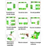 Kit éducatif pour construire différents circuits électriques simples, en série, parallèle, à double commande, avec LED, générateur, électroaimant et voiture à énergie éolienne.