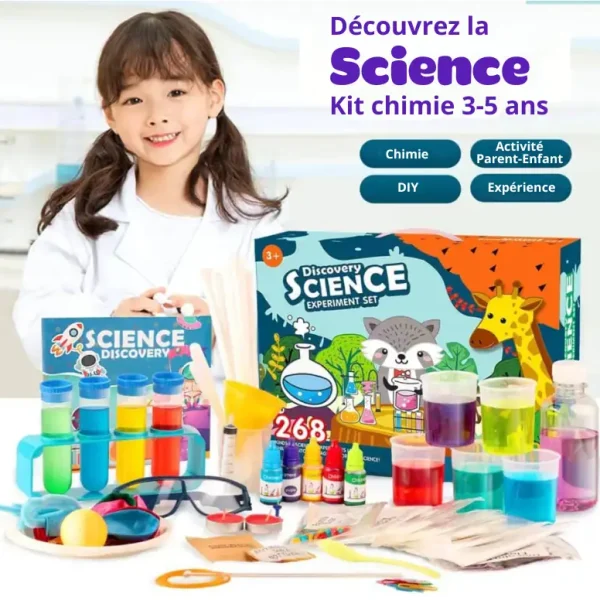 Ensemble d'expériences scientifiques pour enfants de 3 à 5 ans, comprenant des produits pour expériences de chimie, activités parent-enfant, DIY et découverte scientifique.