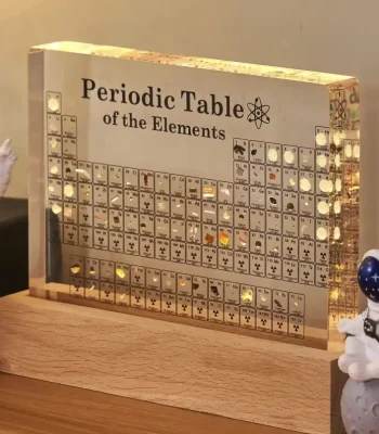 Tableau périodique interactif avec effets lumineux, décor scientifique pour espace ou bureau.