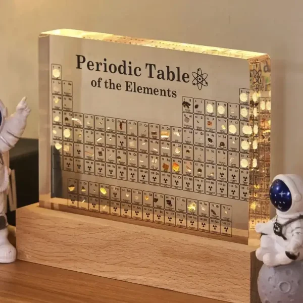 Tableau périodique interactif avec effets lumineux, décor scientifique pour espace ou bureau.