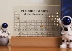Tableau périodique des éléments avec éléments en 3D et figurines d'astronautes.