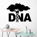 Illustration d'un arbre stylisé avec une double hélice d'ADN intégrée, représentant la connexion entre la nature et la génétique, idéale pour la décoration scientifique moderne.