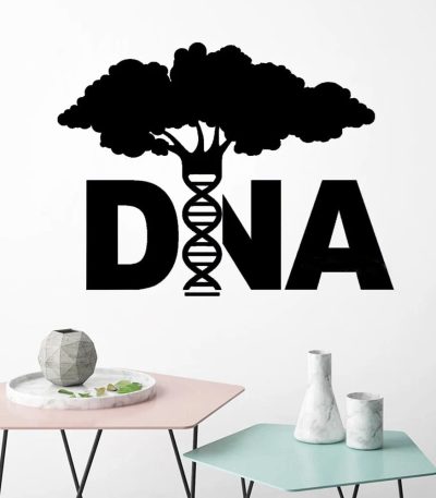 Illustration d'un arbre stylisé avec une double hélice d'ADN intégrée, représentant la connexion entre la nature et la génétique, idéale pour la décoration scientifique moderne.