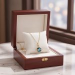 Collier en or avec pendentif représentant une planète, présenté dans une élégante boîte en bois pour bijoux. Parfait pour les amateurs de science et d'astronomie.