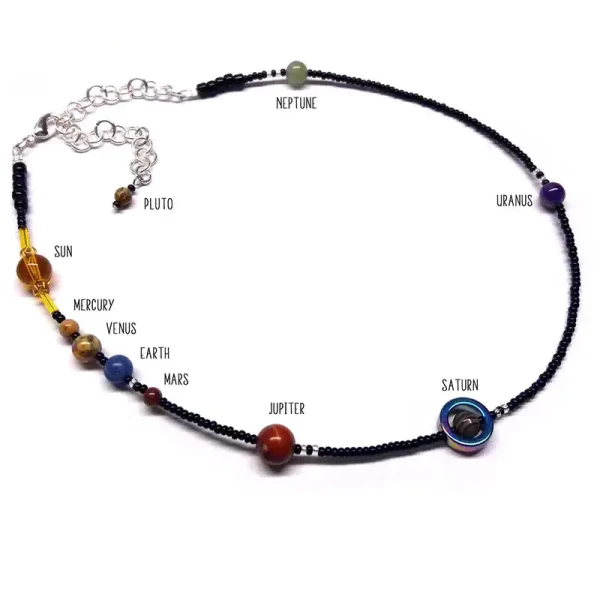Collier représentant le système solaire avec des perles colorées pour chaque planète.