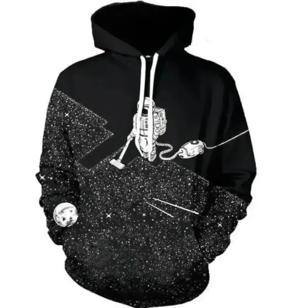 Veste à capuche noire avec motif d'espace, étoiles et planètes blanches, inspirée de l'univers, idéale pour les amateurs de science et d'astronomie.