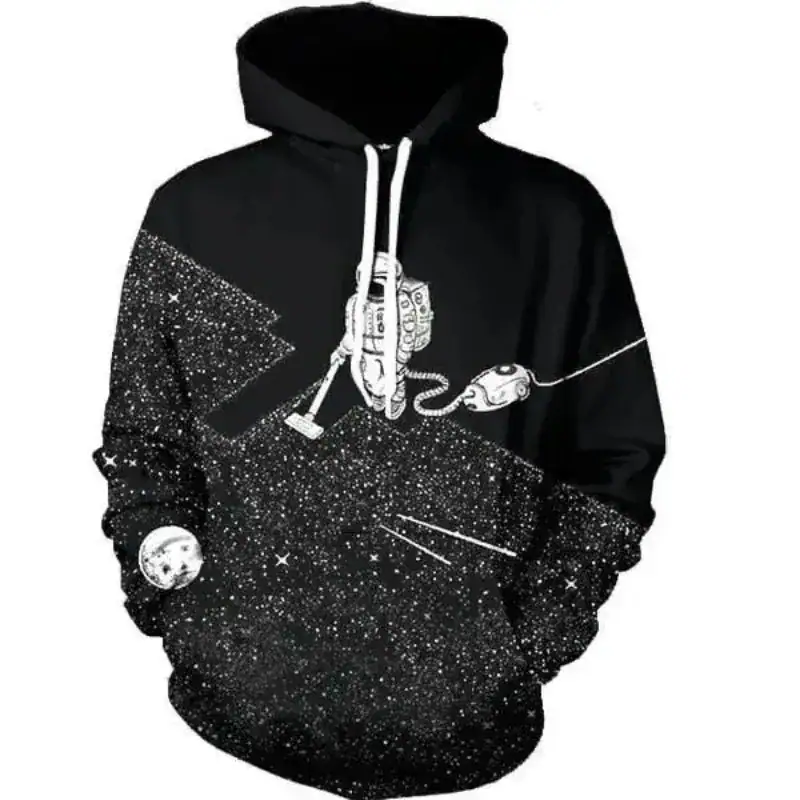 sweat-a-capuche-style-motif-espace-1 Veste à capuche noire avec motif d'espace, étoiles et planètes blanches, inspirée de l'univers, idéale pour les amateurs de science et d'astronomie.