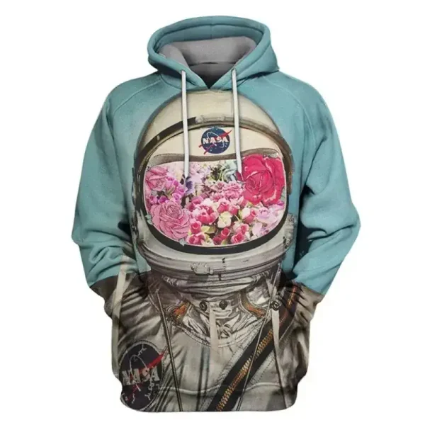 Sweat à capuche NASA avec design floral, mélangeant l'univers spatial et la nature, idéal pour les amateurs de science et de décoration originale.