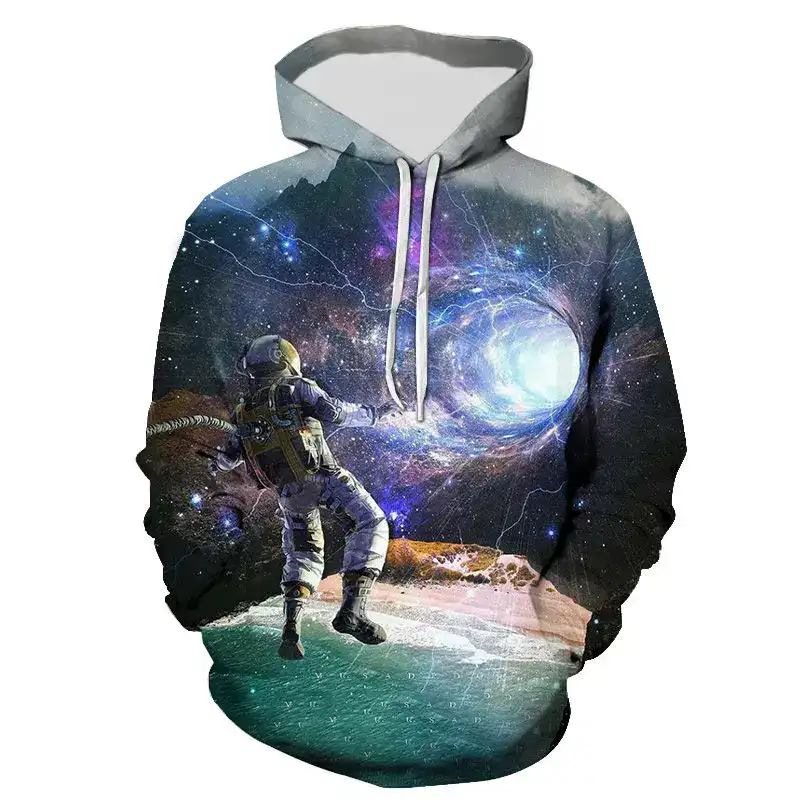 sweat-trou-de-ver-1 Vêtement à capuche avec motif d'espace et astronaute, design cosmique et futuriste, parfait pour les amateurs de science et d'astronomie.