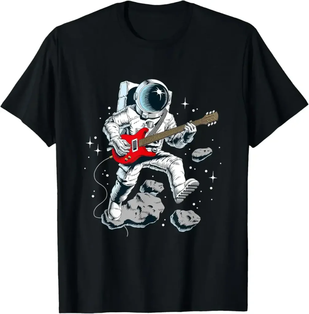 Astronaute jouant de la guitare électrique dans l'espace, flottant parmi les astéroïdes et étoiles, illustrant la fusion de la science et de la musique.