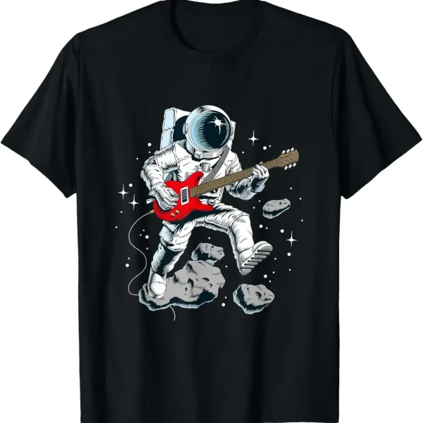 Astronaute jouant de la guitare électrique dans l'espace, flottant parmi les astéroïdes et étoiles, illustrant la fusion de la science et de la musique.