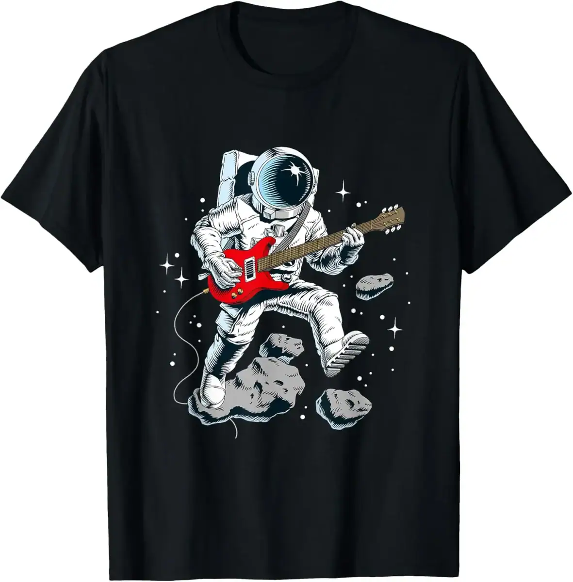 t-shirt-astronaute-rocker-1 Astronaute jouant de la guitare électrique dans l'espace, flottant parmi les astéroïdes et étoiles, illustrant la fusion de la science et de la musique.