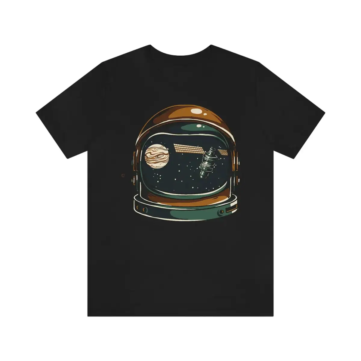 t-shirt-casque-astronaute-1 T-shirt noir avec illustration d'un casque d'astronaute, planètes et espace, design original pour les amateurs de science et d'astronomie.