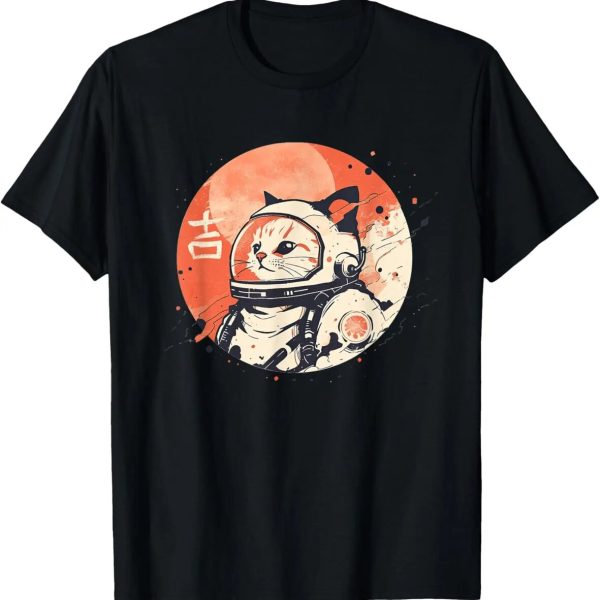 Chat astronaute portant un casque spatial avec logo NASA, dans un style artistique avec un fond lunaire orange.