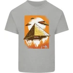 Pyramide futuriste flottante entourée d'OVNIs dans un ciel orange vif, illustrant un thème de science-fiction et d'exploration extraterrestre.