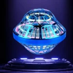Modèle de vaisseau spatial en verre avec éclairage LED multicolore, exposé sur un socle noir, illustrant un objet scientifique décoratif et futuriste.
