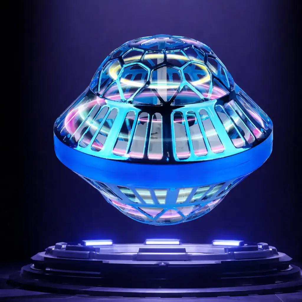 balle-volante-boomerang-1 Modèle de vaisseau spatial en verre avec éclairage LED multicolore, exposé sur un socle noir, illustrant un objet scientifique décoratif et futuriste.