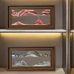 Panneaux décoratifs en verre représentant des montagnes stylisées, encadrés en bois, parfaits pour une décoration moderne et élégante.