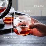 Verre à vin en verre transparent avec gravure de la carte du monde, dimensions 8,4 cm de diamètre, capacité 300 ml, idéal pour la décoration et la dégustation.