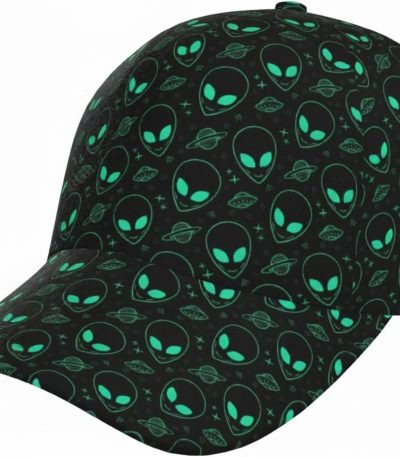 Casquette noire avec motifs d'aliens et planètes luminescents, idéale pour les fans de science-fiction et d'astronomie. Accessoire tendance et original pour un style décalé.