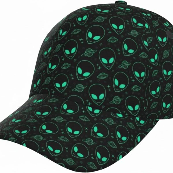 Casquette noire avec motifs d'aliens et planètes luminescents, idéale pour les fans de science-fiction et d'astronomie. Accessoire tendance et original pour un style décalé.