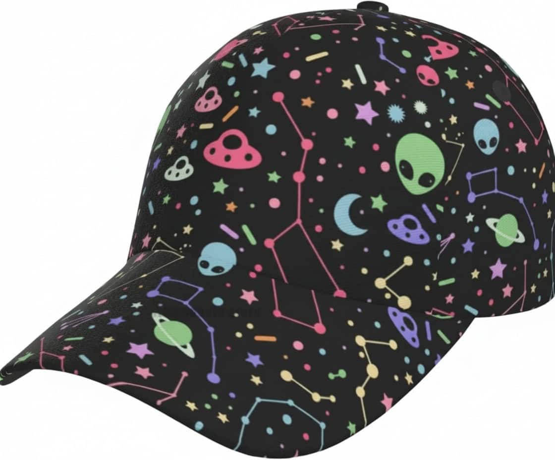 casquette-alien-colore-1 Casquette avec motifs d'astres, d'aliens et de planètes fluorescentes.