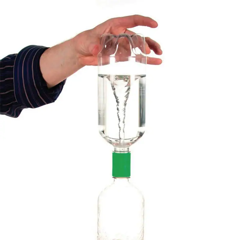 connecteur-de-bouteille-a-vortex-1 Dispositif de laboratoire avec vortex d'eau dans une bouteille en verre, utilisé pour démonstrations scientifiques et expériences éducatives.