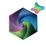 Pyramide en plastique recyclé avec motif en spirale colorée, mélange de couleurs vert, bleu, violet et rose, design géométrique moderne.