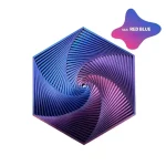 Décoration en métal en forme de spirale hexagonale avec dégradé de couleurs rouge et bleu, idéale pour la décoration scientifique ou moderne.