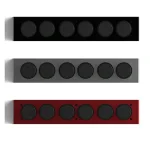 Trois panneaux de contrôle scientifiques colorés avec boutons ronds, en noir, gris et rouge, parfaits pour la décoration de laboratoire ou d'espace scientifique.