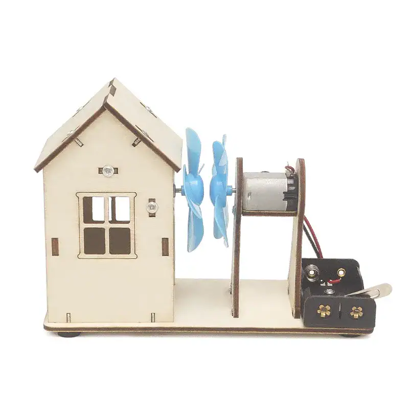jeu-electrique-a-fabriquer-1 Mini maison à vent avec moteur éolien pour décoration ou expérience scientifique. Parfait pour les amateurs de sciences et de décoration originale.