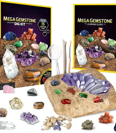 Kit géode de cristaux avec pierres colorées, outils pour explorer et apprendre la science des minéraux.