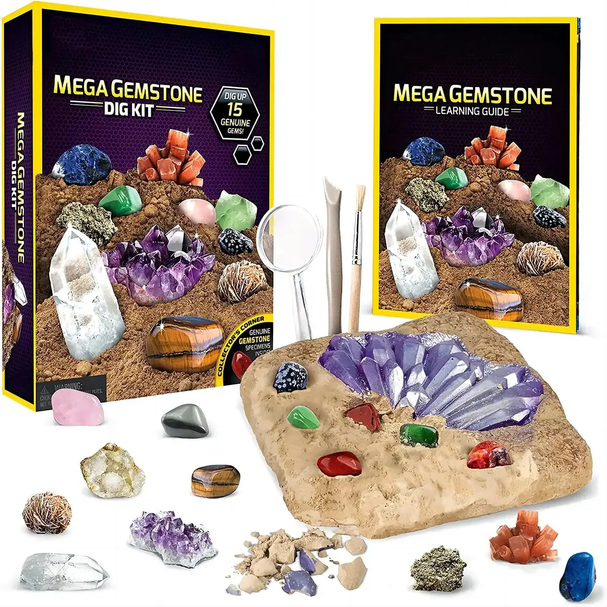 jeux-archeologie-pierre-1 Kit géode de cristaux avec pierres colorées, outils pour explorer et apprendre la science des minéraux.