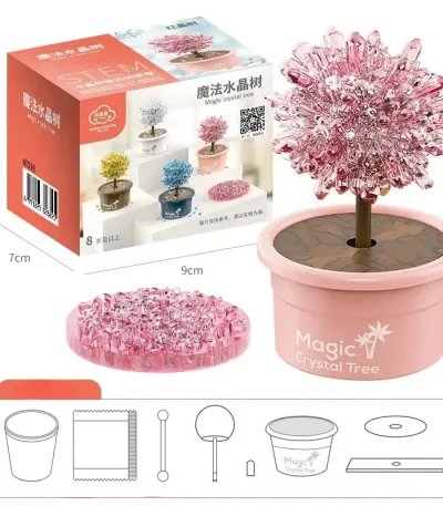 Arbre en cristal magique dans un pot rose, décoration scientifique et ludique pour la maison ou le bureau, avec kit d'assemblage inclus.