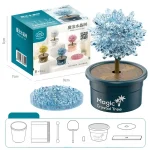 Arbre magique en cristal de glace dans un pot, avec boîte d'emballage, parfait pour décoration scientifique ou cadeau éducatif.