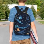 Sac à dos pour enfants avec motif d'espace et planètes, idéal pour l'école ou les activités scientifiques, inspiré de l'univers et de l'astronomie.