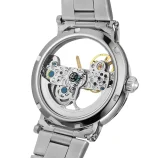 Montre mécanique transparente avec mouvement visible, boîtier en acier inoxydable, design moderne et sophistiqué.