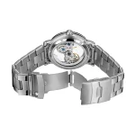 Montre mécanique transparente en acier avec mouvement visible, bracelet en métal, design moderne et sophistiqué, idéale pour les amateurs de horlogerie.
