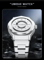 Montre scientifique innovante sans miroir, design moderne en acier inoxydable, affichage minimaliste, idéale pour les amateurs de science et de décoration moderne.
