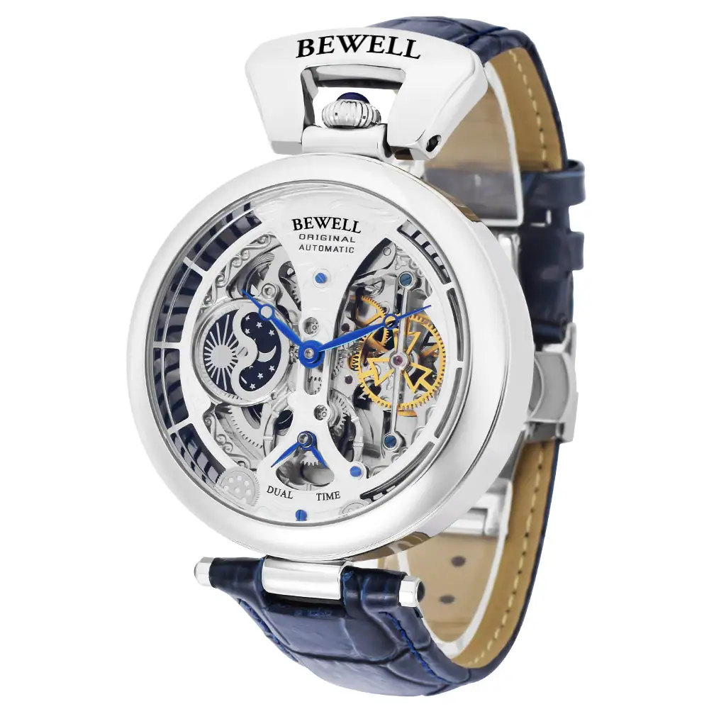 montre-de-luxe-pour-scientifique-1 Montre skeleton automatique BEWELL avec mouvement visible, boîtier en acier inoxydable, cadran transparent, et bracelet en cuir bleu, alliant style et précision horlogère.