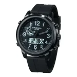 Montre homme avec affichage numérique et analogique, boîtier noir, étanche 50m, design sportif et moderne.
