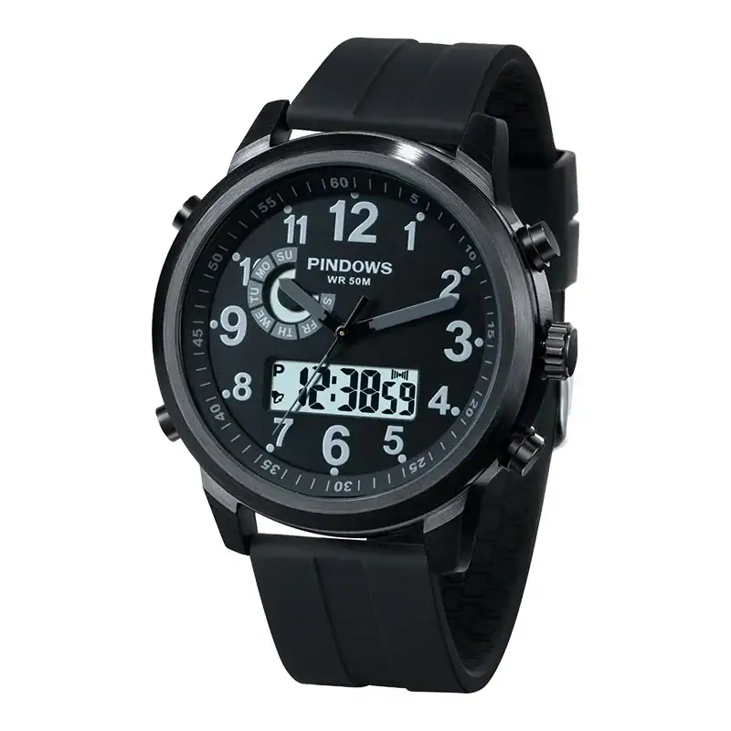 montre-digitale-originale-1 Montre homme avec affichage numérique et analogique, boîtier noir, étanche 50m, design sportif et moderne.