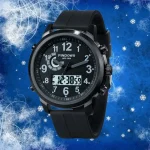 Montre homme avec affichage numérique et analogique, boîtier noir, étanche jusqu'à 50 mètres, design moderne et fonctionnel, idéale pour un style décontracté ou sportif.