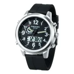Montre scientifique avec affichage numérique et analogique, étanche jusqu'à 50 mètres, design moderne avec bracelet en silicone noir.